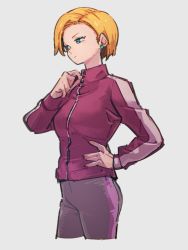 Rule 34 | 1girl, android 18, blonde hair, blue eyes, closed mouth, dragon ball, dragon ball super, earrings, hand on own hip, jacket, jewelry, kemachiku, long sleeves, looking away, pants, pink jacket, short hair, solo, track jacket, track pants