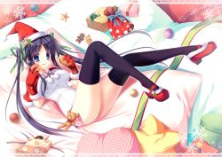 Rule 34 | 1girl, :q, bad id, bad pixiv id, ball, bell, black hair, black thighhighs, blue eyes, box, capelet, christmas, doughnut, food, futaori arisa, gift, gift bag, gift box, gingerbread man, gloves, green ribbon, hair ornament, hair ribbon, hairclip, hat, heart-shaped box, highres, legs up, long hair, looking at viewer, mary janes, one-piece swimsuit, original, pillow, plaid, plaid pillow, rabbit, red footwear, ribbon, santa costume, santa hat, school swimsuit, shoes, snowflakes, solo, star (symbol), star hair ornament, stuffed animal, stuffed toy, swimsuit, teddy bear, thighhighs, tongue, tongue out, twintails, wallpaper, white one-piece swimsuit, white school swimsuit