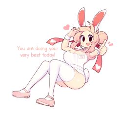 Rule 34 | 1girl, animal ears, black eyes, breasts, cleavage, english text, fiz (fizintine), fizintine, full body, hair bun, heart, highres, large breasts, looking at viewer, no pupils, open mouth, original, pink footwear, pink hair, rabbit ears, rabbit girl, rabbit tail, ribbon, shrug (clothing), simple background, single hair bun, smile, solo, swept bangs, tail, thighhighs, thumbs up, white background, white thighhighs, wrist cuffs