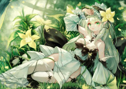 Rule 34 | 1girl, absurdres, arm support, breasts, cleavage, clothes pull, detached sleeves, dress, elf, flower, grass, green eyes, green hair, hair flower, hair ornament, high heels, highres, long hair, medium breasts, open mouth, original, pantyhose, pantyhose pull, plant, pointy ears, seelehan, solo, strapless, strapless dress, white dress, white pantyhose