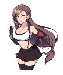 Rule 34 | absurdres, breasts, brown hair, cleavage, earrings, final fantasy, final fantasy vii, final fantasy vii remake, fist pump, gloves, hand on own hip, highres, jewelry, long hair, navel, red eyes, shirt, skirt, sports bra, suspenders, thighhighs, tifa lockhart, white background, white shirt, winterregalia