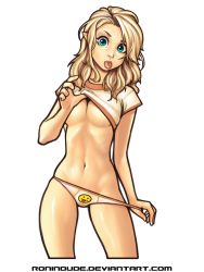 Rule 34 | 1girl, :p, blonde hair, blue eyes, breasts, cleavage, clothes lift, cropped legs, elf, highres, lips, long hair, looking at viewer, navel, no bra, nose, original, panties, panty pull, pointy ears, pulling own clothes, ronindude, sassy (ronindude), shiny skin, shirt, shirt lift, simple background, solo, t-shirt, tongue, tongue out, underboob, underwear, watermark, web address, white background