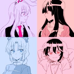 Rule 34 | 4girls, 6 (yuchae), :3, animal ears, arms behind head, arms up, black hair, blazer, blue theme, braid, closed mouth, collage, collared shirt, dress, expressionless, eye contact, floppy ears, frilled sleeves, frills, from side, hair between eyes, hair intakes, houraisan kaguya, inaba tewi, jacket, jewelry, limited palette, long hair, looking at another, looking at viewer, monochrome, multiple girls, neck ribbon, necklace, necktie, parted bangs, pink eyes, pink neckwear, pink theme, portrait, profile, purple theme, rabbit ears, reisen udongein inaba, ribbon, shirt, short hair, short sleeves, simple background, single braid, smile, smug, spot color, tareme, touhou, tsurime, yagokoro eirin