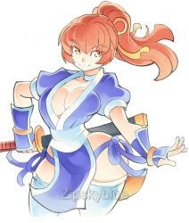 Rule 34 | breasts, cleavage, dead or alive, hair ribbon, highres, kasumi (doa), katana, narrow waist, panty straps, red hair, ribbon, sword, tagme, weapon, yellow eyes, zipskyblue