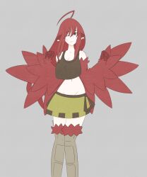 Rule 34 | 1girl, absurdres, ahoge, animal ears, artist name, bare shoulders, bird ears, bird legs, borrowed character, breasts, brown eyes, brown tank top, cleavage, coco (eogks), feathered wings, feathers, gimli34, grey background, harpy, highres, long hair, medium breasts, midriff, monster girl, navel, one eye closed, original, red feathers, red hair, red wings, skirt, solo, tank top, winged arms, wings, yellow skirt