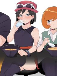 Rule 34 | 3boys, blush, bowl, bracelet, calem (pokemon), chinese spoon, clenched hand, closed mouth, collared shirt, commentary request, cosplay, creatures (company), crossdressing, crossed legs, cup, eyewear on headwear, food, game freak, hand up, hat, highres, holding, holding cup, jewelry, male focus, multiple boys, nintendo, pokemon, pokemon xy, sana (37pisana), serena (pokemon), serena (pokemon) (cosplay), shirt, sitting, skirt, sleeveless, sleeveless shirt, soup, stool, sunglasses, sweat, thighhighs, tierno (pokemon), trevor (pokemon), water