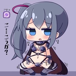 Rule 34 | 1girl, :d, armor, armored boots, arrow (symbol), bikini armor, blue eyes, blush, boots, breasts, brown cape, cape, chibi, cleavage, empty eyes, full body, gluteal fold, grey hair, hair between eyes, hair ribbon, hana kazari, hannen hiroe, kirara fantasia, long hair, looking at viewer, medium breasts, navel, open mouth, pauldrons, purple armor, purple background, red ribbon, ribbon, shoulder armor, side ponytail, slow start, smile, solo, spread legs, squatting, thigh boots, thighhighs, translation request, very long hair