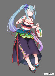 Rule 34 | 1girl, alec-gdlk, arm tattoo, bare arms, bare shoulders, black skirt, blue hair, blue nails, blush, breasts, brown footwear, cleavage, crop top, floral print, full body, gradient hair, grin, half-closed eye, high ponytail, highres, holding, horns, medium breasts, midriff, multicolored hair, nail polish, one eye closed, oni, oni horns, original, print skirt, purple hair, red eyes, sandals, side ponytail, skirt, smile, solo, standing, swept bangs, tattoo, thick eyebrows, toenail polish, toenails, twitter username, zouri