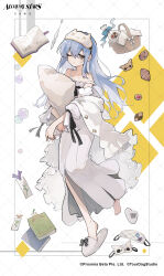 Rule 34 | 1girl, absurdres, alchemy stars, asymmetrical bangs, bag, barefoot, basket, blue hair, book, bookmark, brown eyes, cookie, copyright name, eyebrows hidden by hair, food, full body, hair between eyes, highres, hugging object, jacket, long hair, nightgown, official art, one eye closed, open mouth, pillow, pillow hug, second-party source, sleep mask, slippers, solo, tina (alchemy stars), white jacket, white nightgown