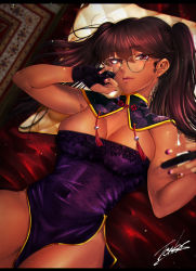 Rule 34 | 1girl, breasts, brown eyes, brown hair, china dress, chinese clothes, cleavage, commentary request, covered navel, cowboy shot, dark-skinned female, dark skin, dress, female focus, glasses, gloves, hair between eyes, highres, large breasts, looking at viewer, lying, on back, original, pillow, solo, tontoro (toropig-thunder), twintails, watermark