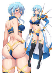Rule 34 | 1girl, armor, ass, ass grab, asymmetrical clothes, bikini, bikini armor, black footwear, blue armor, blue eyes, blue hair, boots, breasts, butt crack, cleavage, commentary request, gloves, grabbing own ass, hair tubes, highleg, highleg bikini, highres, kawase seiki, large breasts, looking at viewer, multiple views, navel, short hair, short hair with long locks, shoulder armor, single sleeve, sinon, sinon (solus), sweat, swimsuit, sword art online, sword art online: alicization, thigh boots, white background