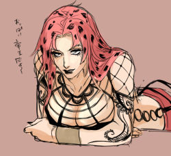 Rule 34 | 1girl, breasts, brown background, cleavage, diavolo, genderswap, genderswap (mtf), ichimoku (tansio5), jojo no kimyou na bouken, large breasts, lipstick, long hair, lying, makeup, on stomach, pink hair, simple background, sketch, solo, tattoo, translated, wristband