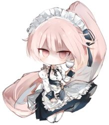 Rule 34 | apron, black ribbon, black skirt, breasts, chibi, closed mouth, collared shirt, commentary request, cup, dress shirt, frilled apron, frills, full body, girls&#039; frontline, hair between eyes, high ponytail, holding, holding cup, juliet sleeves, kotatu (akaki01aoki00), long hair, long sleeves, looking at viewer, maid, maid headdress, neck ribbon, ntw-20 (girls&#039; frontline), ntw-20 (the aristocrat experience) (girls&#039; frontline), official alternate costume, pantyhose, pink hair, ponytail, puffy sleeves, red eyes, ribbon, shaded face, shirt, simple background, skirt, small breasts, solo, very long hair, waist apron, white apron, white background, white pantyhose, white shirt