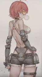 Rule 34 | 1girl, ahoge, ass, belt, belt pouch, bikini, bikini top only, breasts, blowing bubbles, canister, character request, chewing gum, choker, cowboy shot, denim, denim shorts, elbow gloves, elbow pads, fingerless gloves, free style (yohan1754), from behind, gloves, goggles, grey background, halterneck, highres, holding, holding knife, holster, knife, looking at viewer, looking back, medium breasts, muted color, pouch, red hair, short hair, short shorts, shorts, simple background, solo, strap gap, swimsuit, thigh holster, three-dimensional maneuver gear, utility belt, yellow eyes