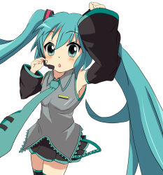 Rule 34 | 1girl, aqua eyes, aqua hair, arm up, bad id, bad pixiv id, chestnut mouth, detached sleeves, hatsune miku, headset, highres, inaka gyomin, long hair, necktie, simple background, skirt, solo, thighhighs, twintails, very long hair, vocaloid, white background