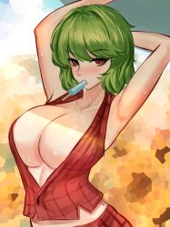 Rule 34 | 1girl, absurdres, armpits, arms up, breasts, collarbone, field, flower, flower field, food, green hair, highres, kazami yuuka, large breasts, liang tong wu lu, looking at viewer, melting, plaid, plaid skirt, plaid vest, popsicle, red eyes, red skirt, red vest, shadow, short hair, skirt, skirt set, solo, sunflower, sunflower field, touhou, vest