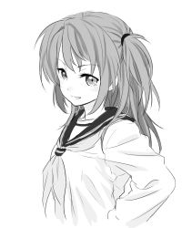 Rule 34 | 1girl, commentary request, copyright request, greyscale, highres, long hair, long sleeves, looking at viewer, monochrome, neckerchief, onsoku inu, sailor collar, school uniform, serafuku, shirt, simple background, smile, solo, twintails, upper body, white background