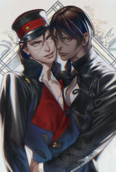 Rule 34 | 2boys, alternate costume, alternate hairstyle, arm around waist, backlighting, black hair, brown eyes, dark-skinned male, dark skin, golden kamuy, heads together, highres, koito otonoshin, looking at viewer, male focus, multiple boys, parted bangs, pectoral docking, pectoral press, pectorals, short hair, simple background, smile, sugimoto saichi, toned, toned male, upper body, w55674570w