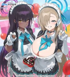 Rule 34 | 2girls, :d, ahoge, apron, asuna (blue archive), balloon, black hair, blue archive, blue bow, blue bowtie, blue eyes, blurry, blurry background, blush, bow, bowtie, box, box of chocolates, braid, braided bun, breasts, chocolate, choker, chopsticks, commentary, copyright name, copyright notice, cowboy shot, dark-skinned female, dark skin, detached collar, earpiece, elbow gloves, food, frilled apron, frills, gloves, gradient hair, hair bun, hair over one eye, hair ribbon, halo, heart-shaped box, holding, holding chocolate, holding chopsticks, holding food, hood (james x), incoming food, karin (blue archive), large breasts, light brown hair, looking at viewer, maid headdress, mole, mole on breast, multicolored hair, multiple girls, official art, open mouth, pantyhose, puffy sleeves, purple hair, ribbon, smile, swept bangs, valentine, waist apron, white gloves, white pantyhose, yellow eyes
