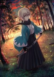 Rule 34 | 1girl, alternate hairstyle, black hakama, black scarf, blonde hair, closed mouth, cloud, commentary request, fate/grand order, fate (series), forest, grass, green eyes, hair between eyes, hakama, hakama skirt, haori, highres, holding, holding sword, holding weapon, japanese clothes, katana, kaze minoru so-ru, kimono, koha-ace, looking at viewer, nature, okita souji (fate), okita souji (koha-ace), open clothes, outdoors, ponytail, scarf, sheath, sheathed, shinsengumi, short hair, short ponytail, sidelocks, skirt, sky, solo, sunlight, sword, tree, weapon, white kimono, wide sleeves
