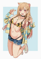 Rule 34 | 1girl, :d, animal ears, bad id, bad pixiv id, bare shoulders, bikini, blonde hair, blush, bracelet, breasts, cat ears, choker, cleavage, ear piercing, earrings, flower, jewelry, kitagawa marin, long hair, looking at viewer, medium breasts, nail polish, navel, necklace, open mouth, piercing, pink eyes, pink nails, shiren (ourboy83), shoes, shorts, smile, sneakers, solo, sono bisque doll wa koi wo suru, swimsuit