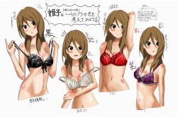 Rule 34 | 1girl, blush, bra, braid, breasts, brown eyes, brown hair, character sheet, cleavage, extra, jpeg artifacts, k-on!, keita (siruvia9), lingerie, long hair, mole, mole on breast, navel, open mouth, simple background, smile, source request, tachibana himeko, translation request, underwear