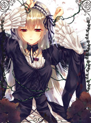 Rule 34 | 1girl, bad id, bad pixiv id, black ribbon, border, choker, cross-laced clothes, dress, flower, flower border, frilled sleeves, frills, hair ribbon, hairband, half-closed eyes, hands up, lace, lace-trimmed dress, lace trim, long hair, parted lips, petals, plant, red eyes, ribbon, rose, rozen maiden, saijou yukina, silver hair, solo, suigintou, upper body, vines, wings