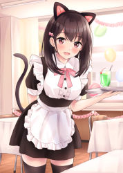 Rule 34 | 1girl, :d, animal ears, apron, balloon, black dress, blush, bow, brown hair, cat ears, cat tail, classroom, cup, desk, dress, frilled dress, frills, hair bow, hand up, highres, holding, holding tray, indoors, looking at viewer, maid, maid apron, medium hair, neck ribbon, open mouth, original, pink bow, pink ribbon, purple eyes, ribbon, smile, solo, standing, tail, tray, white apron, window, yukimaru217