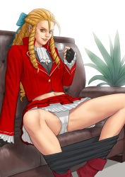 Rule 34 | 1girl, ankle boots, antenna hair, bad id, bad pixiv id, black gloves, black pantyhose, blonde hair, blue bow, boots, bow, braid, cameltoe, clothes pull, couch, cup, fingerless gloves, french braid, gloves, hair bow, hair slicked back, jacket, kanzuki karin, lips, long hair, mezzo (orbanga21), midriff, miniskirt, naughty face, navel, panties, pantyhose, pantyhose pull, pantyshot, ringlets, sitting, skirt, smile, solo, spread legs, street fighter, street fighter v, teacup, underwear, upskirt, white panties