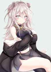 Rule 34 | 1girl, ahoge, animal ears, bare shoulders, black jacket, black shirt, black skirt, breasts, cleavage, crossed arms, earrings, fur trim, grey eyes, hair between eyes, highleg, highres, hololive, jacket, jewelry, large breasts, lion ears, long hair, long sleeves, looking at viewer, midriff, miniskirt, navel, necklace, off shoulder, open clothes, open jacket, see-through, see-through cleavage, shirt, shishiro botan, shishiro botan (1st costume), silver hair, skirt, sleeveless, sleeveless shirt, smile, solo, thighs, virtual youtuber, yuano
