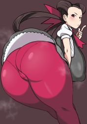 Rule 34 | 1girl, :d, ass, ass focus, black footwear, blush, bow, brown hair, cameltoe, creatures (company), dress, eyebrows, female focus, forehead, game freak, grey dress, gym leader, hair bow, hair strand, highres, huge ass, komusou (jinrikisha), long hair, nintendo, open mouth, panties, panties under pantyhose, pantyhose, pink bow, pink eyes, pink neckwear, pink pantyhose, pokemon, pokemon oras, roxanne (pokemon), short sleeves, smile, solo, standing, thick thighs, thighs, twintails, underwear