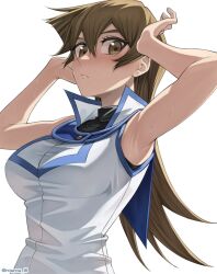 Rule 34 | 1girl, armpits, arms up, blush, breasts, brown eyes, brown hair, closed mouth, duel academy uniform (yu-gi-oh! gx), hair between eyes, highres, large breasts, long hair, looking at viewer, rourou ill, shirt, sleeveless, sleeveless shirt, solo, sweat, tenjouin asuka, twitter username, upper body, white background, white shirt, yu-gi-oh!, yu-gi-oh! gx