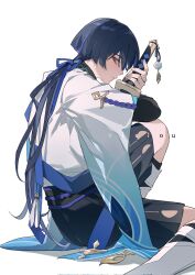 Rule 34 | 1boy, bishounen, blue eyes, blue hair, corrupted twitter file, from behind, full body, genshin impact, highres, holding, holding sword, holding weapon, japanese clothes, katana, kneeling, long hair, male focus, scaramouche (genshin impact), shorts, sialou, solo, sword, wanderer (genshin impact), weapon