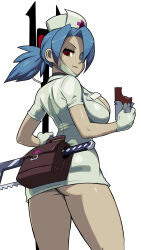 Rule 34 | 1girl, :t, ass, bag, blue hair, bonesaw, breasts, candy, chocolate, chocolate bar, commentary request, dress, eating, food, from behind, from below, hacksaw, hat, highres, holding, holding food, large breasts, looking at viewer, looking back, looking down, mask, mask pull, mouth mask, nisetanaka, nurse, nurse cap, parted bangs, ponytail, red eyes, saw, short dress, simple background, skullgirls, solo, surgical mask, valentine (skullgirls), white background, white dress, white hat