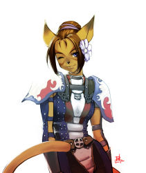 Rule 34 | 00s, 1girl, 2005, animal ears, armor, belt, cat ears, cat tail, final fantasy, final fantasy xi, flower, hectatomb, kapolo systems, mithra (ff11), one eye closed, solo, tail, wink