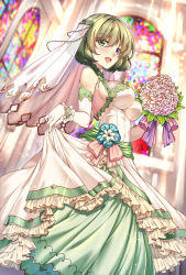 Rule 34 | 1girl, :d, bad id, bad pixiv id, bare shoulders, blue eyes, blush, bouquet, breasts, brown hair, church, cleavage cutout, clothing cutout, dress, elbow gloves, flower, gloves, green eyes, hetero, heterochromia, highres, idolmaster, idolmaster cinderella girls, large breasts, looking at viewer, mole, mole under eye, open mouth, see-through, shirokuma a, short hair, smile, solo, standing, takagaki kaede, veil, wedding dress, white gloves