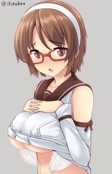Rule 34 | 10s, 1girl, :o, bare shoulders, bespectacled, blush, bra, breast hold, breasts, brown eyes, brown hair, clothes lift, collarbone, detached sleeves, glasses, grey background, hairband, interlocked fingers, kantai collection, looking at viewer, natori (kancolle), navel, one-hour drawing challenge, open bra, open mouth, school uniform, serafuku, shirt lift, short hair, simple background, solo, twitter username, underboob, underwear, uni8, untied, upper body, white bra