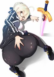 Rule 34 | 1girl, all fours, artoria pendragon (fate), ass, bike shorts, black footwear, black jacket, black thighhighs, blonde hair, blue bow, bow, braid, braided bun, excalibur (fate/stay night), fate/grand order, fate (series), from above, from behind, glasses, hair bow, hair bun, highres, jacket, kawaruhi, looking at viewer, mysterious heroine x alter (fate), mysterious heroine x alter (second ascension) (fate), shiny clothes, shoes, short hair, simple background, skin tight, solo, thighhighs, white background, yellow eyes