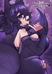 Rule 34 | 1girl, animal ear fluff, animal ears, black hair, breasts, fangs, finger to face, finger to own chin, fluff, fox ears, fox girl, fox tail, goth fashion, highres, huge breasts, indie virtual youtuber, kuroina (osiimi), name connection, osiimi, purple theme, sideboob, solo, tail, teeth, virtual youtuber