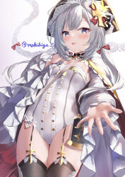 Rule 34 | 1girl, absurdres, azur lane, black thighhighs, blue eyes, blush, bow, breasts, commentary request, flandre (azur lane), frilled sleeves, frills, garter straps, grey hair, hair bow, highres, leotard, long sleeves, looking at viewer, low twintails, makihige, open mouth, outstretched arm, red bow, sidelocks, small breasts, smile, solo, standing, thighhighs, thighs, twintails, twitter username, white background, white leotard, wide sleeves