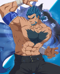 Rule 34 | 1boy, abs, armband, artist name, bandages, bara, beard, biceps, blue background, blue hair, bucchigiri?!, chest hair, facial hair, feet out of frame, fighting stance, highres, jacket, kenchiro (bucchigiri?!), large pectorals, male focus, manly, mature male, muscular, muscular male, pants, pectorals, ponytail, scar, short hair, signature, simple background, sleeveless, sleeveless jacket, solo, takao oz, thick arms, thick eyebrows, topless male, white background