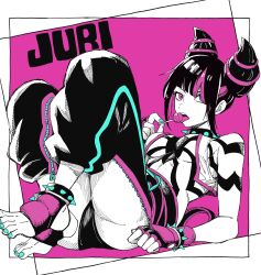 Rule 34 | 1girl, baggy pants, bracelet, breasts, candy, chinese clothes, collar, drill hair, dudou, fingerless gloves, food, gloves, hair horns, han juri, heterochromia, highres, jewelry, looking at viewer, medium breasts, multicolored hair, nail polish, panties over leggings, pants, sharumon, solo, spiked anklet, spiked bracelet, spiked collar, spikes, street fighter, street fighter 6, toeless legwear, toenail polish, toenails, twin drills
