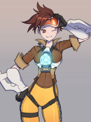 Rule 34 | 1girl, ;), bad id, bad pixiv id, between breasts, bodysuit, bomber jacket, breasts, brown eyes, brown hair, brown jacket, chest harness, contrapposto, cowboy shot, goggles, goggles on head, grey background, hand on own hip, harness, jacket, kim jin sung, medium breasts, one eye closed, orange bodysuit, overwatch, overwatch 1, pants, parted lips, simple background, skin tight, smile, solo, spiked hair, standing, tight clothes, tight pants, tracer (overwatch), wink