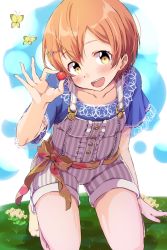 Rule 34 | 1girl, :d, blue shirt, blush, bug, butterfly, center frills, collarbone, commentary request, day, frills, hair ornament, hairpin, highres, holding, hoshizora rin, insect, kneeling, lace-trimmed sleeves, lace trim, looking at viewer, love live!, love live! school idol festival, love live! school idol project, on ground, open mouth, orange hair, outdoors, overall shorts, overalls, red ribbon, ribbon, sen (sen0910), shirt, short hair, short sleeves, smile, socks, solo, vertical-striped overalls, yellow eyes, yellow socks
