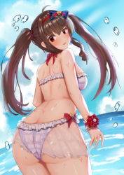 Rule 34 | 1girl, ahoge, ass, back, bare arms, bare shoulders, bikini, blue bow, blue sky, bow, breasts, brown hair, butt crack, cloud, day, fang, flower, frilled bikini, frills, from behind, hair bow, hairband, light smile, lily bloomerchen, long hair, looking at viewer, looking back, medium breasts, outdoors, parted lips, purple bikini, red eyes, red flower, red hairband, see-through, skin fang, sky, solo, soso (chlgksk110), soulworker, striped bikini, striped clothes, summer, swimsuit, twintails, water, wet, wrist cuffs