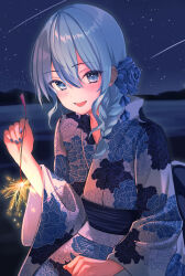 Rule 34 | 1girl, :d, absurdres, blue eyes, blue flower, blue hair, blue kimono, blue nails, blue rose, braid, braided ponytail, floral print, flower, hair flower, hair ornament, highres, holding fireworks, hololive, hoshimachi suisei, japanese clothes, kimono, looking at viewer, low side ponytail, night, night sky, nisi ki no, obi, open mouth, print kimono, rose, sash, sky, smile, solo, star (sky), starry sky, virtual youtuber