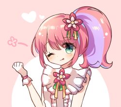 Rule 34 | 1girl, ;p, blush, center frills, closed mouth, flower, frills, gloves, green eyes, hair between eyes, hair flower, hair ornament, hand up, head tilt, heart, highres, kanon (pripara), multicolored hair, one eye closed, pink background, pink flower, pink hair, pretty series, pripara, pudding (skymint 028), purple hair, red flower, shirt, side ponytail, sleeveless, sleeveless shirt, smile, solo, streaked hair, tongue, tongue out, two-tone background, upper body, white background, white gloves, white shirt