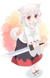 Rule 34 | 1girl, animal ears, black skirt, breasts, commentary request, detached sleeves, geta, holding, holding sword, holding weapon, inubashiri momiji, kibisake, long sleeves, open mouth, pom pom (clothes), red eyes, red skirt, ribbon-trimmed sleeves, ribbon trim, short hair, skirt, small breasts, socks, sword, tail, thick eyebrows, touhou, vest, weapon, white hair, white sleeves, white socks, white tail, white vest, wide sleeves, wolf ears, wolf tail