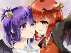 Rule 34 | 10s, 2girls, bare shoulders, bat hair ornament, blazer, blouse, cheek-to-cheek, choker, demon girl, demon horns, demon wings, earrings, facial tattoo, gabriel dropout, hair ornament, hair rings, heads together, heart, heart tattoo, highres, horns, jacket, jewelry, looking at viewer, multiple girls, necklace, outstretched arm, polo shirt, purple eyes, purple hair, red eyes, red hair, red shirt, satanichia kurumizawa mcdowell, sazanka, shirt, short hair, skull necklace, smile, smirk, tattoo, topknot, upper body, vignette tsukinose april, wings, x hair ornament