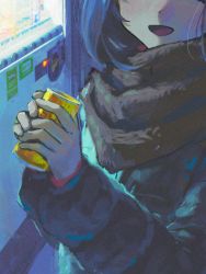 Rule 34 | 1girl, :d, blue hair, blue jacket, brown scarf, can, facing viewer, head out of frame, highres, holding, holding can, jacket, long sleeves, medium hair, open mouth, original, scarf, smile, solo, tentsuu (tentwo), upper body, vending machine